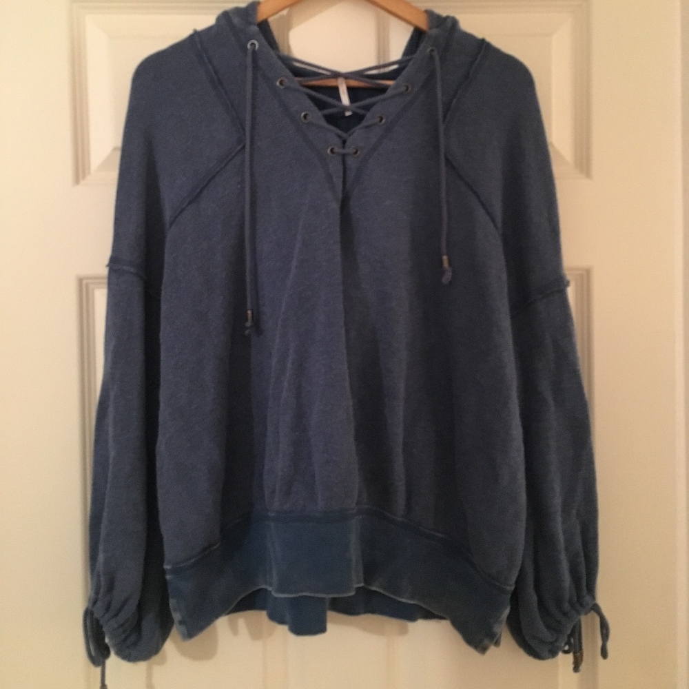 Free People Women's Blue Hooded Sweatshirt Top
